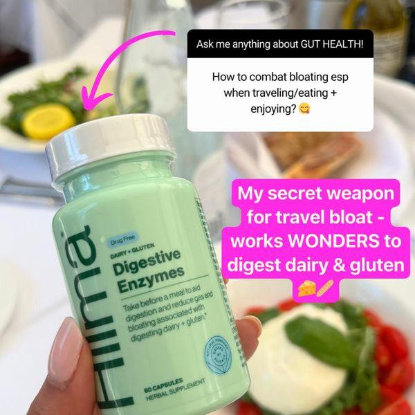 A 1:1 format social media ad that utilizes a question-and-answer overlay on a product-in-hand photo to directly address consumer gut health concerns.